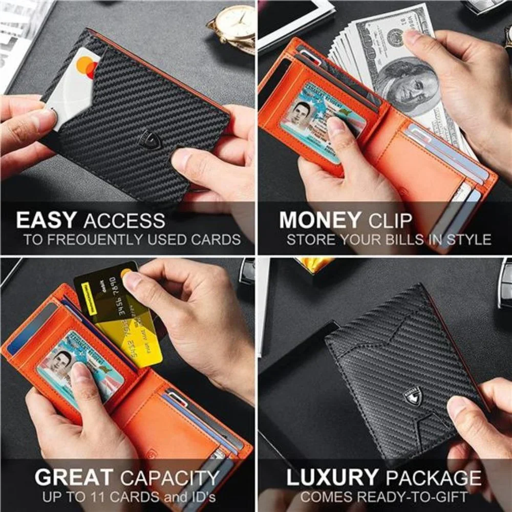 Mens Slim Wallet Minimalist Genuine Leather Carbon Fiber Rfid Blocking Orange